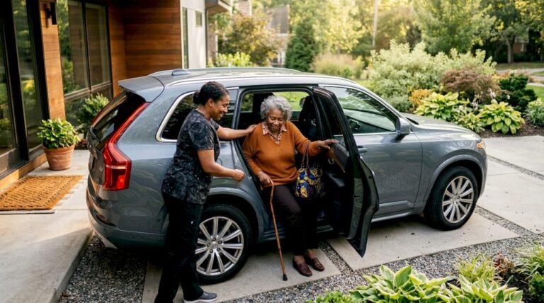 Caregiver assisting senior woman to car door