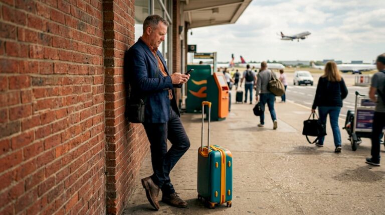 Man checking airport transfer details on phone