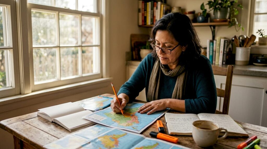 Woman planning South America trip at home desk
