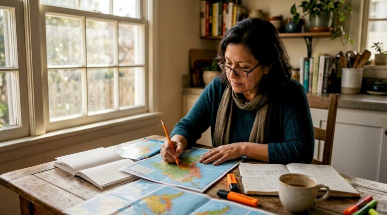 Woman planning South America trip at home desk