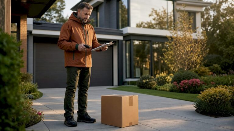 Courier scanning package at home doorstep