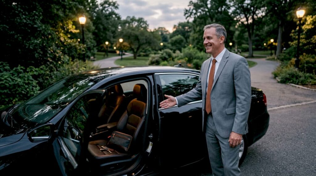 Designated driver opening car door on residential street