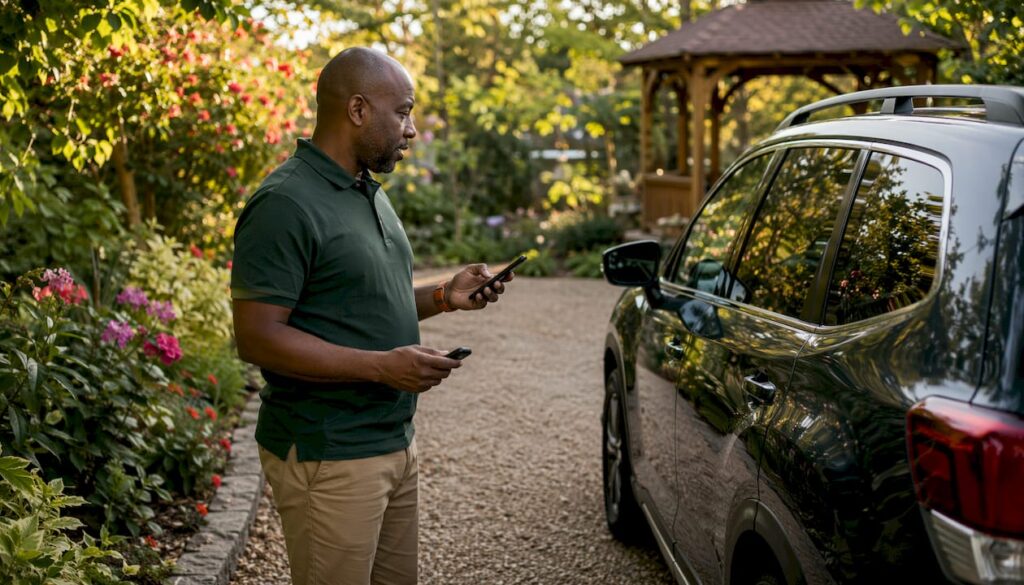 Man inspecting vehicle at home driveway