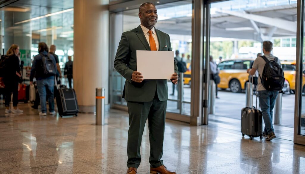 Airport driver waits inside terminal holding sign