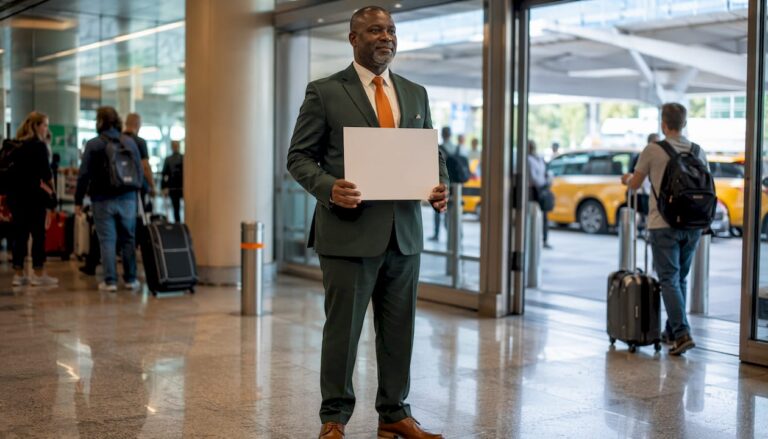 Airport driver waits inside terminal holding sign