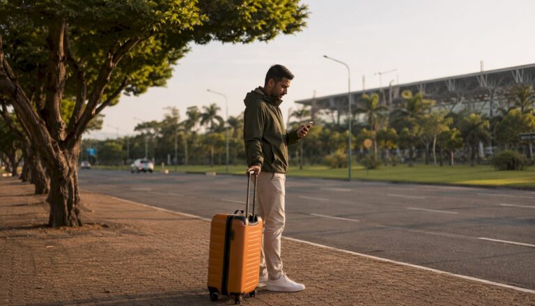 Traveler checking phone at Paraguay airport curbside