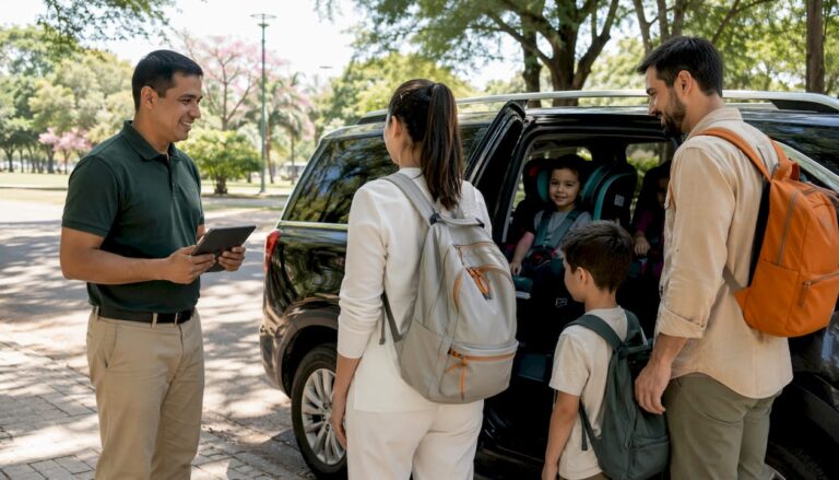 Family meets private driver with car seats in Paraguay