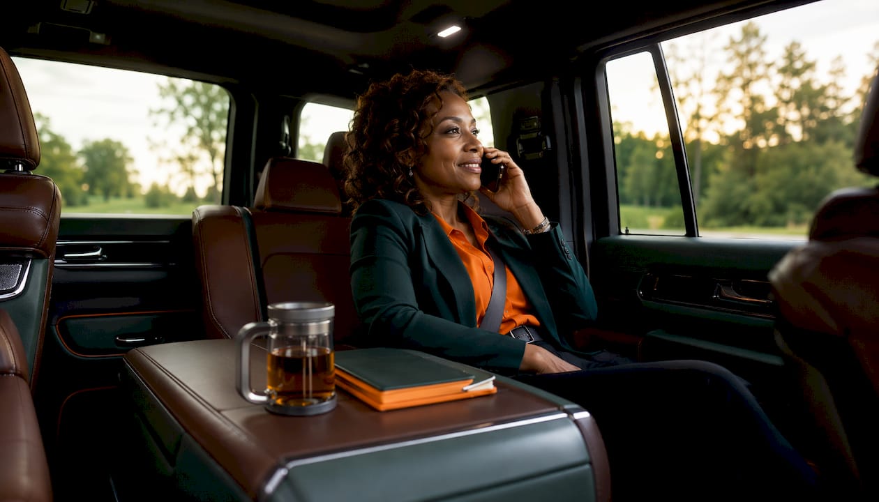 Passenger making a call in private car interior