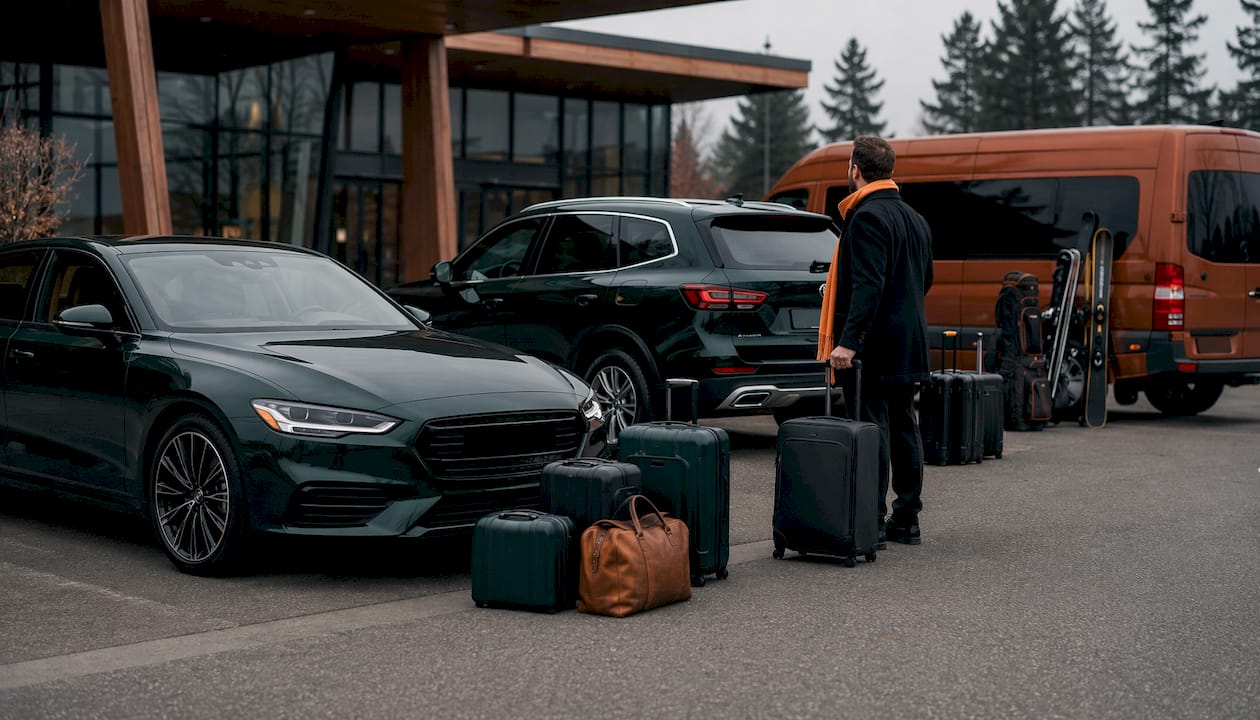 Vehicles with different luggage types at transport hub