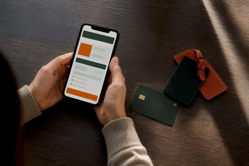 Traveler reviewing transfer quote beside travel card