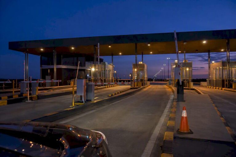 Paraguay highway toll plaza at dusk